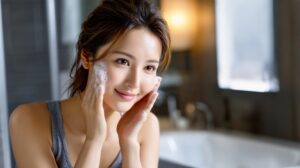 スキンケアをする女性-大人ニキビの原因と対策。保険適応の処方薬を中心に。