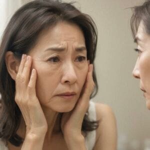 たるみに悩む鏡を見ている女性
