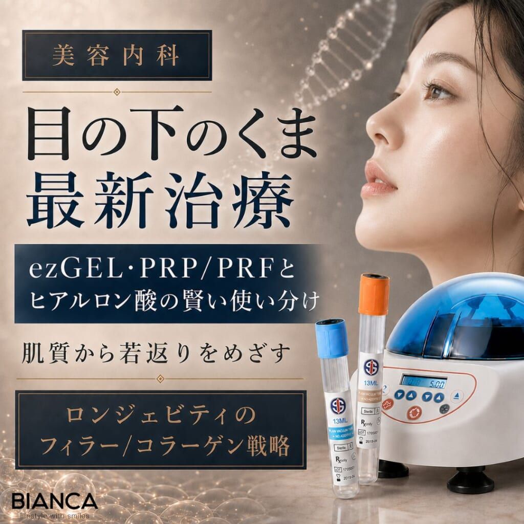 目の下のくま最新治療：ezGEL・PRP/PRFとヒアルロン酸の賢い使い分け—肌質から若返りをめざすロンジェビティのフィラー/コラーゲン戦略