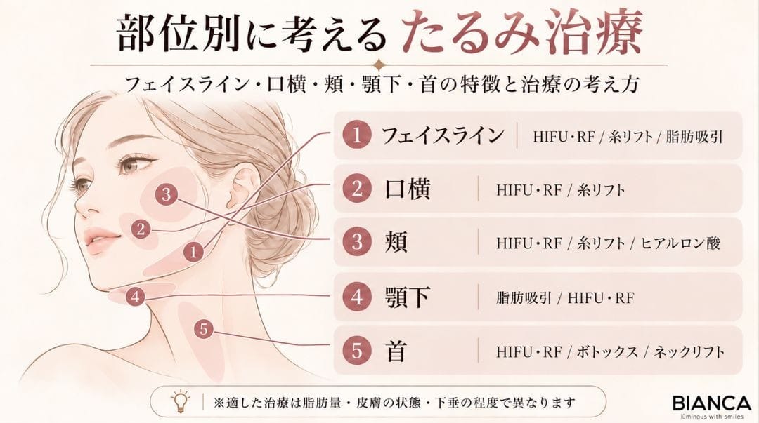 部位別に考えるたるみ治療の解説図。フェイスライン・口横・頬・顎下・首の特徴と治療の考え方をビアンカクリニックが整理