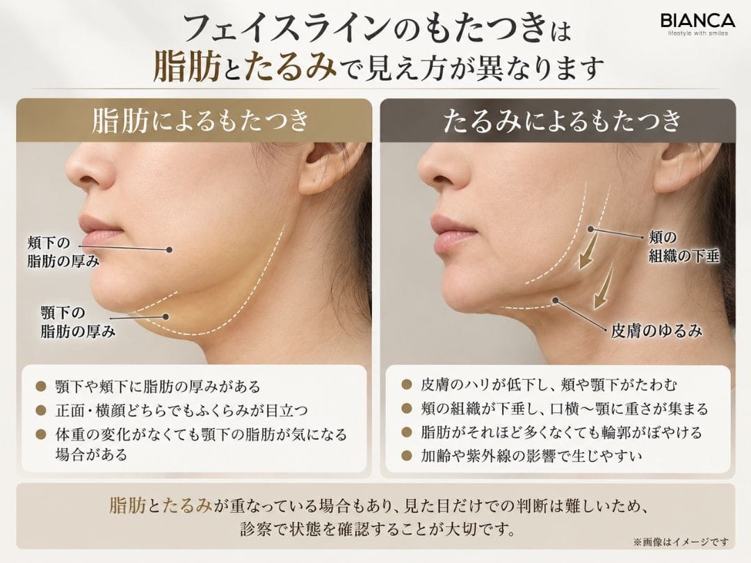 フェイスラインのもたつきが脂肪とたるみで見え方が異なることを説明する画像