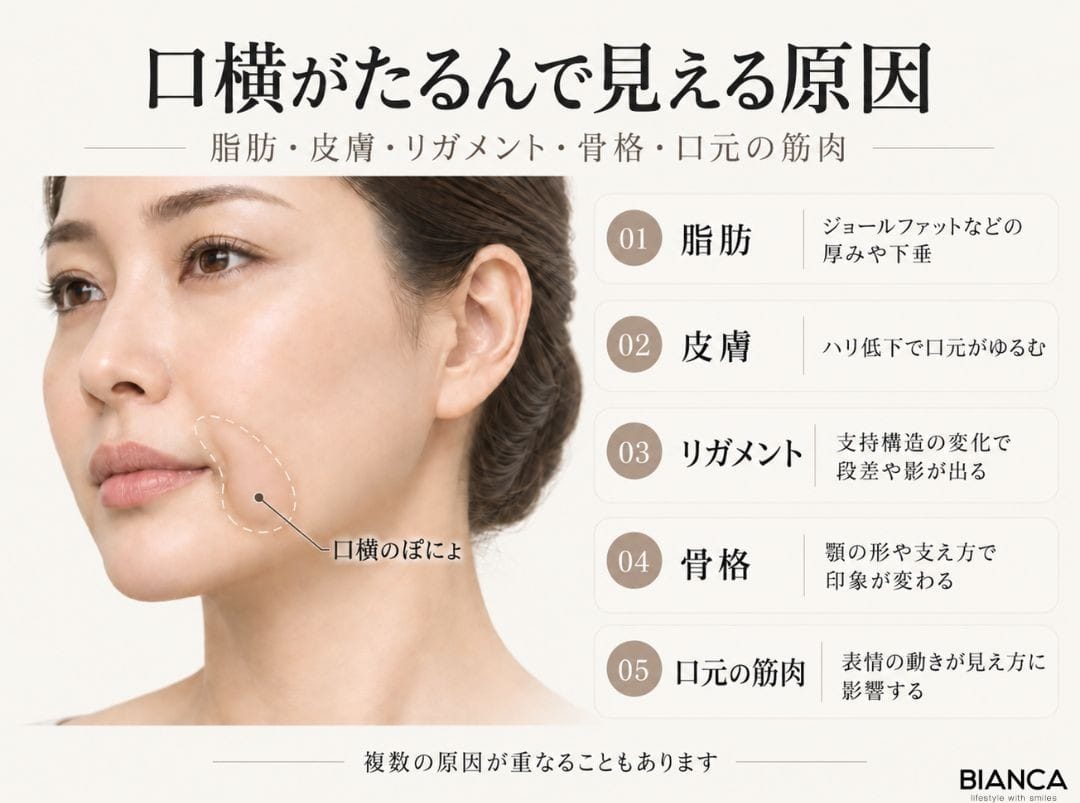 口横がたるんで見える原因を脂肪、皮膚、リガメント、骨格、口元の筋肉から説明する画像