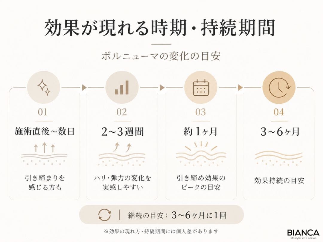 ボルニューマの効果が現れる時期と持続期間の目安を、施術直後・2〜3週間後・約1ヶ月後・3〜6ヶ月後の時系列で示した図解